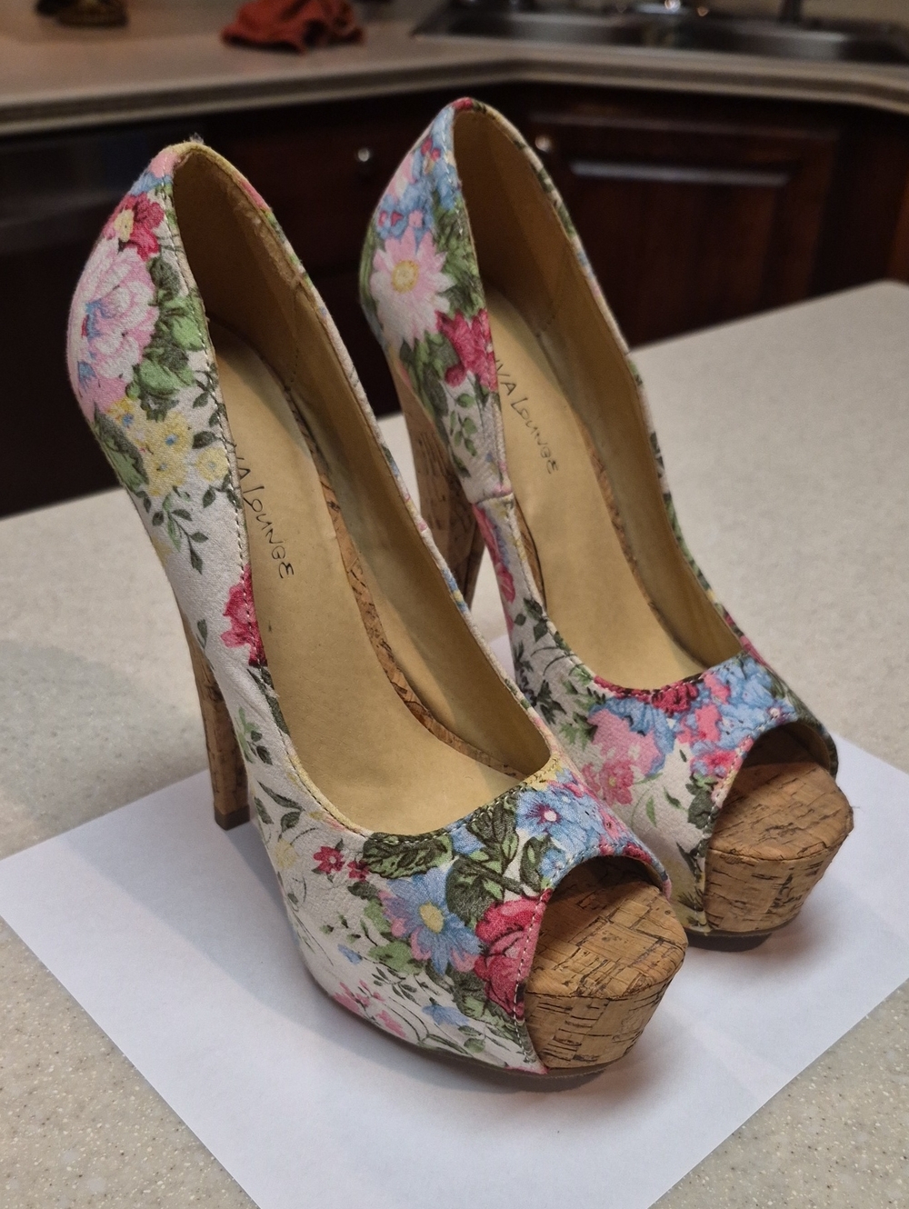 DIVA Lounge Floral Peep-Toe Cork Platform Heels - White Multicolor